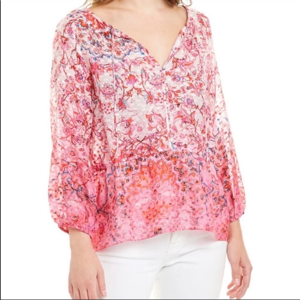 NWT Ecru Ombré Mandala Silk Blouse Tunic Pink S